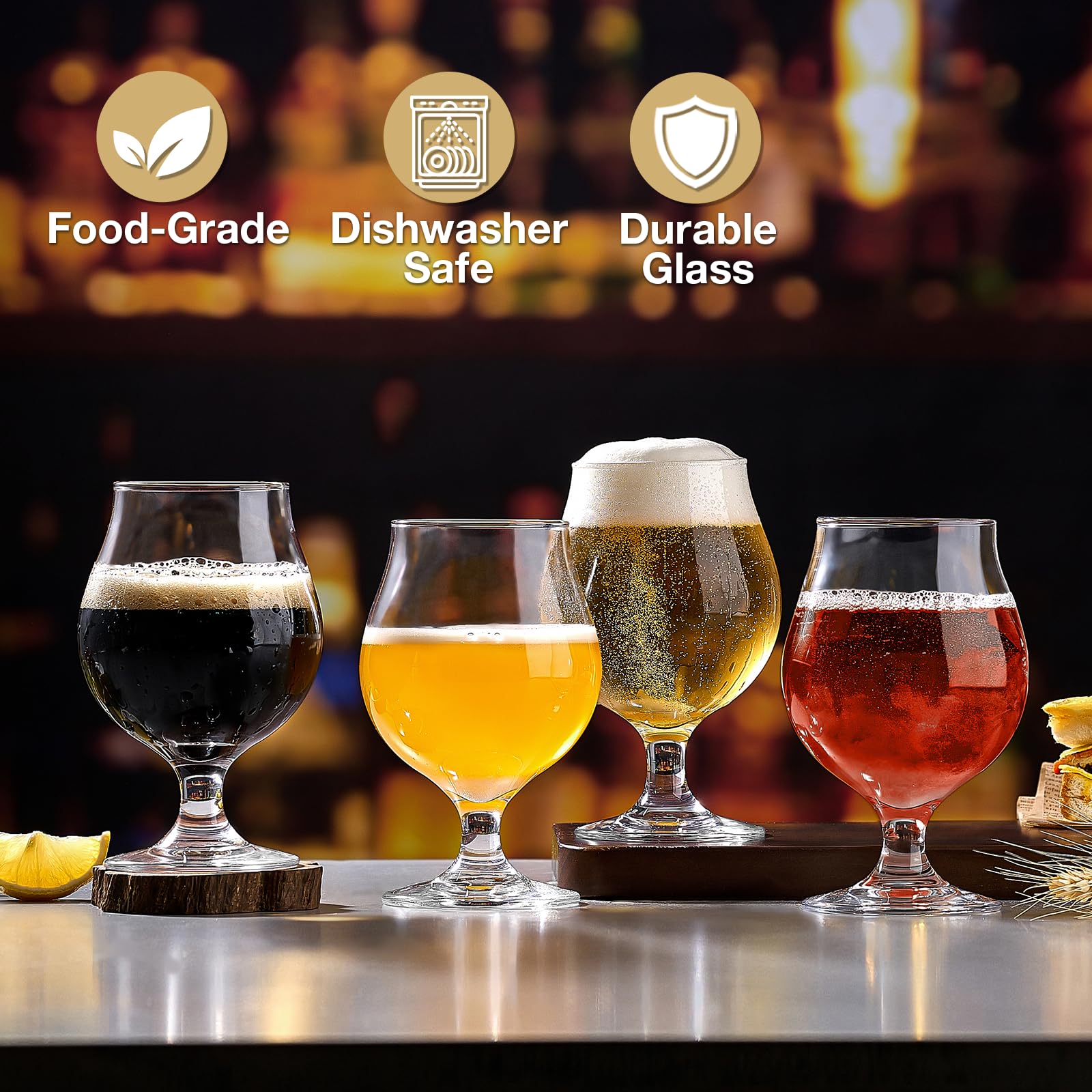 Meolibour Beer Glasses Set of 4, 16 OZ Classic Craft Goblet Glasses, Premium Tumbler Set, Pub, Unique Design Beer Glasses, Dishwasher Safe