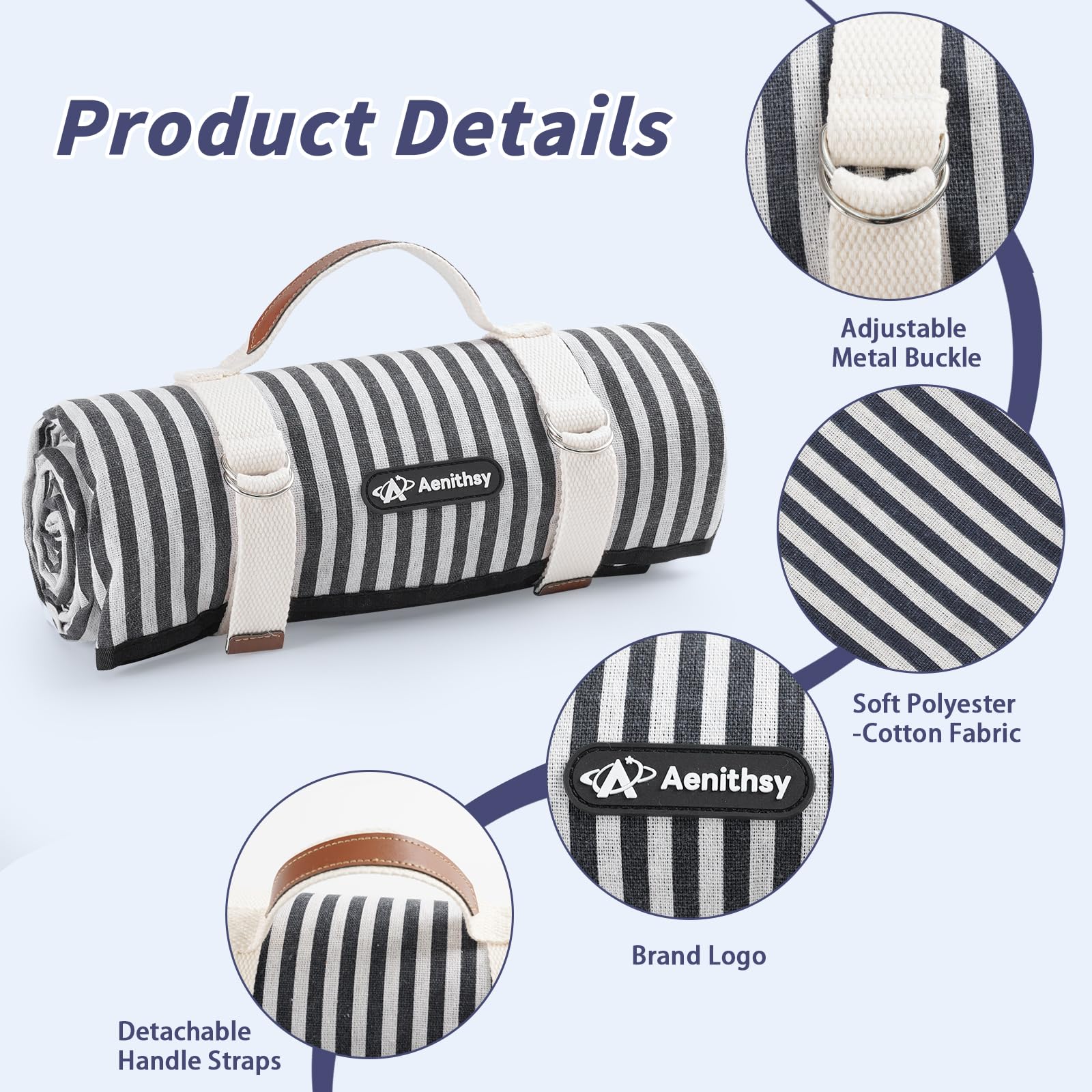 Aenithsy Picnic Blanket Waterproof, 59"x79" Picnic Mat with Carrying Handle, Foldable Washable Beach Blanket for Outdoor Activities, Park, Camping, Hiking(Blue Stripe)