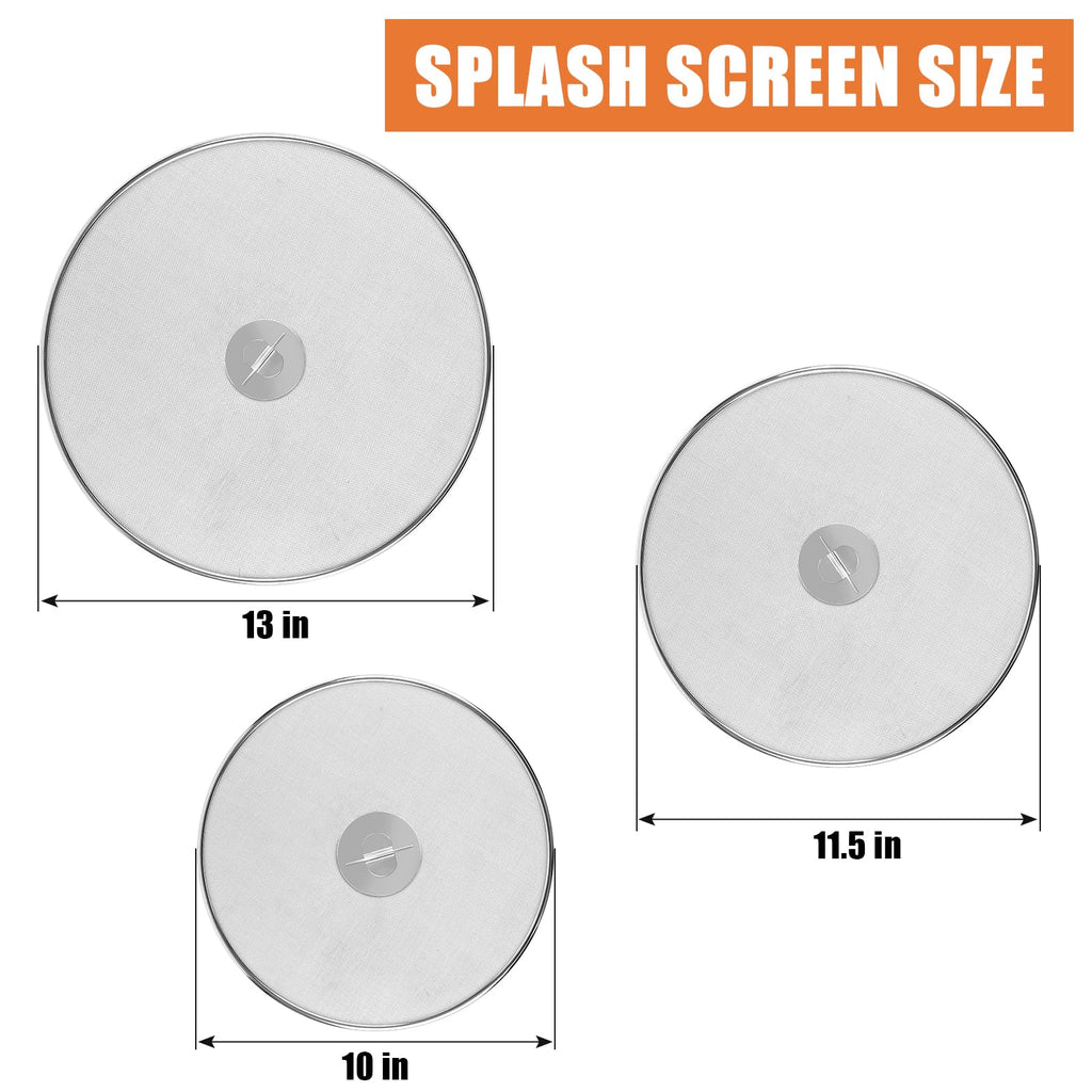 3-Pack Splatter Screens for Frying Pan - Stainless Steel Grease Splatter Guard with Foldable Knob, Ultra-Fine Mesh, Rust-Free (10", 11.5", 13") - No Oil Mess, No Burns