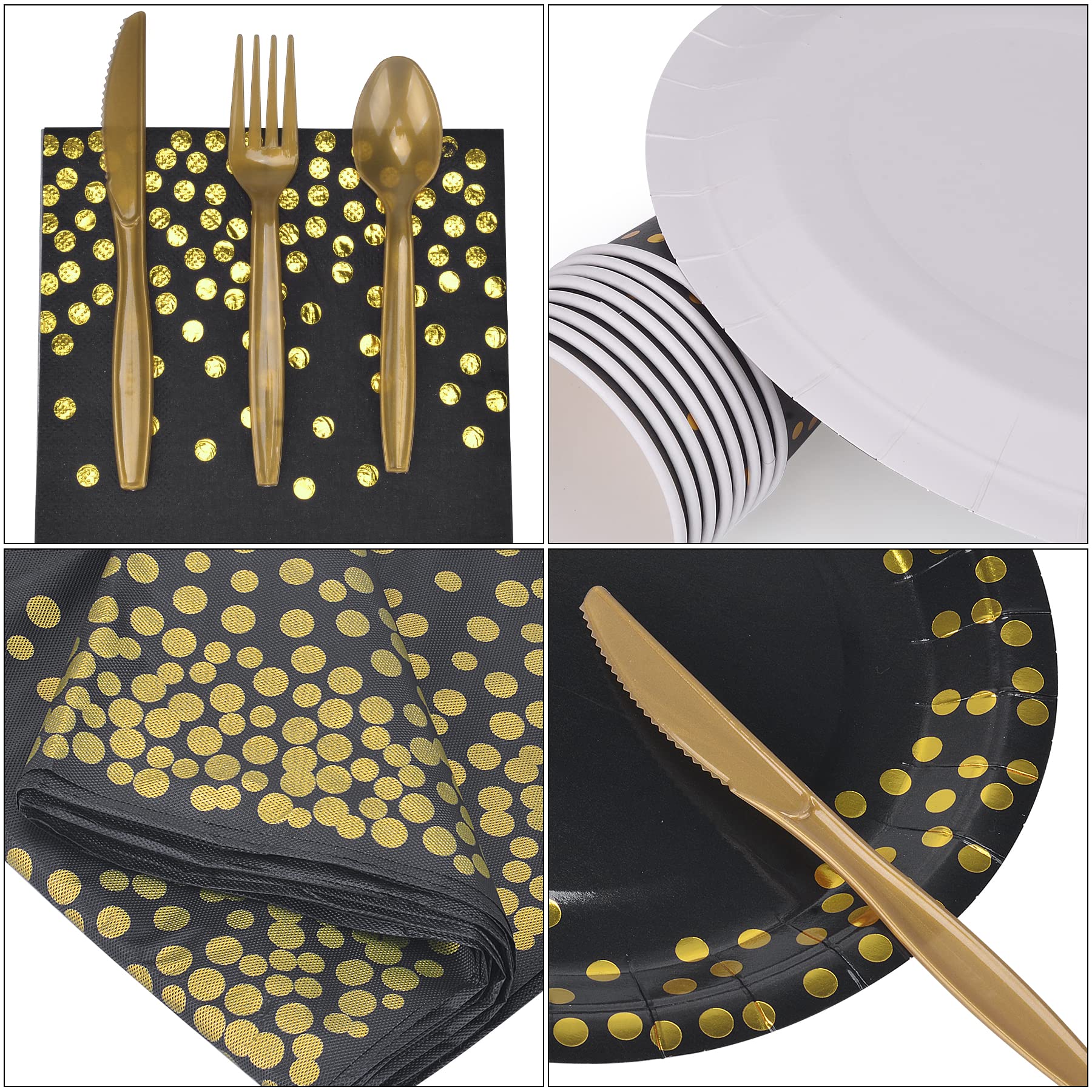 202pcs Eco-Friendly Disposable Black and Gold Paper Plates Cutlery Napkins Cups Tablecloth Banner Supplies Bulk, Non-Plastic Dinnerware Decorations for Party Wedding Birthday Dinner Dessert (25 Guest)