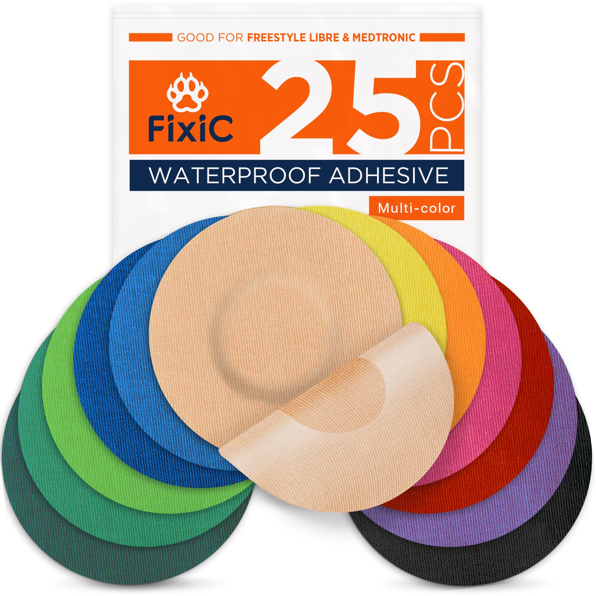 Fixic Freestyle Adhesive Patch 25 PCS – Good for Libre 1, 2, 3 – Enlite – Guardian – NO Glue in The Center of The Patch – Pre-Cut Back Paper – Long Fixation for Your Sensor! (Multi-Color)
