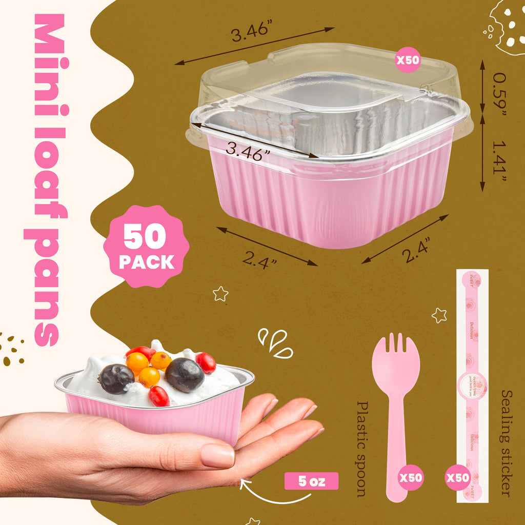 NPLUX 50 Pack Mini Cake Pans with Lids and Spoons Aluminum Foil Pans Square Cupcake Liners Brownie Baking Cups Disposable Ramekins Holders(Pink, 5oz)