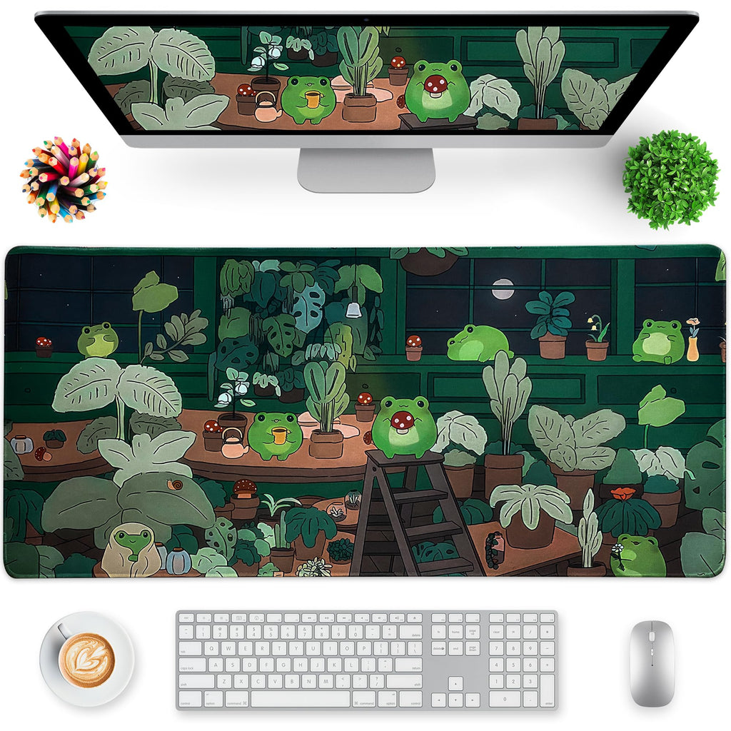 Green Mouse Pad, XXL Cute Anime Gaming Mouse Pad, 35x15.7x0.12 Inch Frog Desk Pad for Keyboard and Mouse, Large Kawaii Mousepad for Girls Women's Home Office Laptop PC Computer
