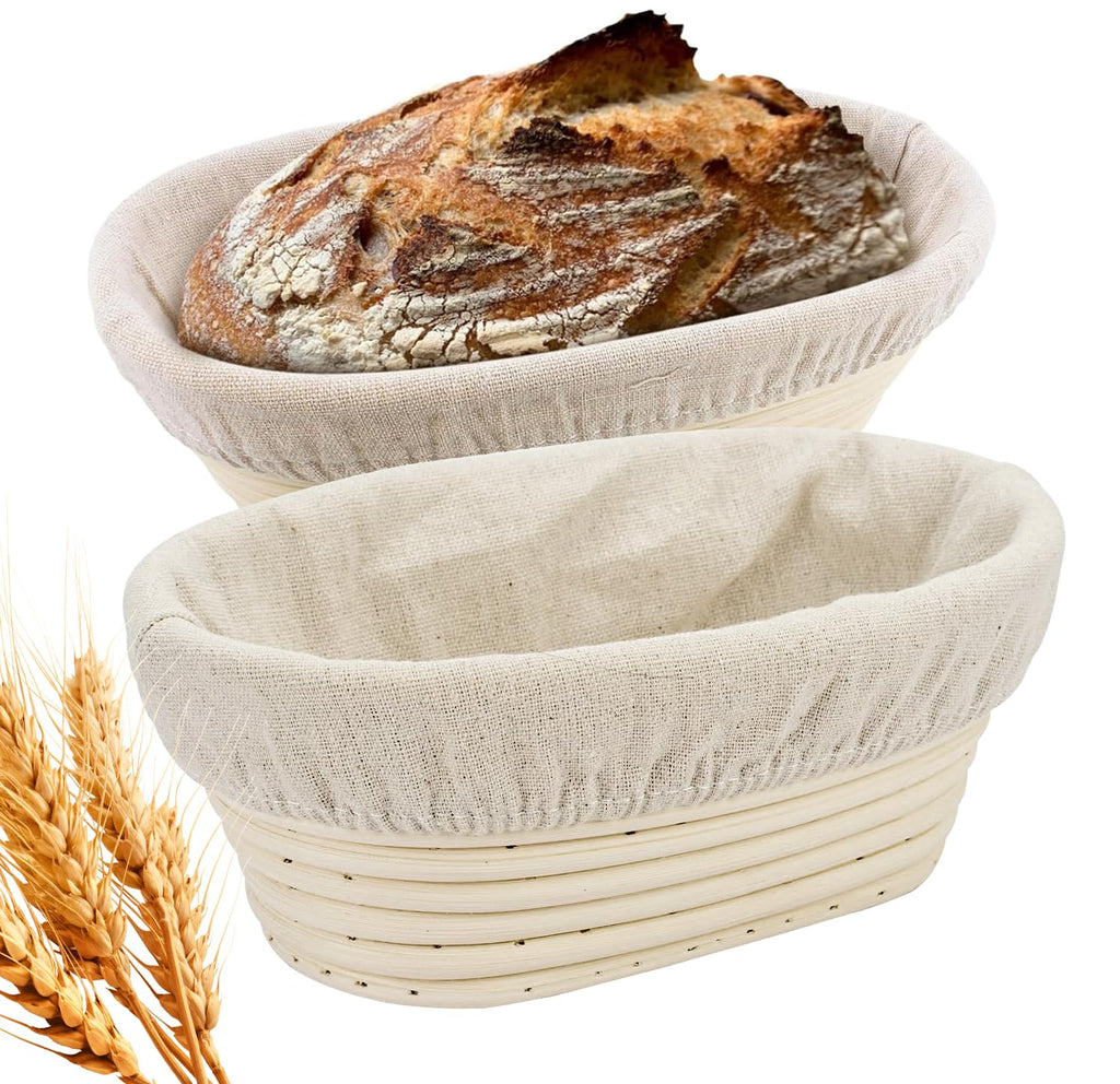 TAPANFAI 2 Pack Oval Bread Proofing Basket, 10 inch Sourdough Bannetons Bortform Proving Rattan Basket with Linen Liner Cloth, Bread Basket, Great for Professional
