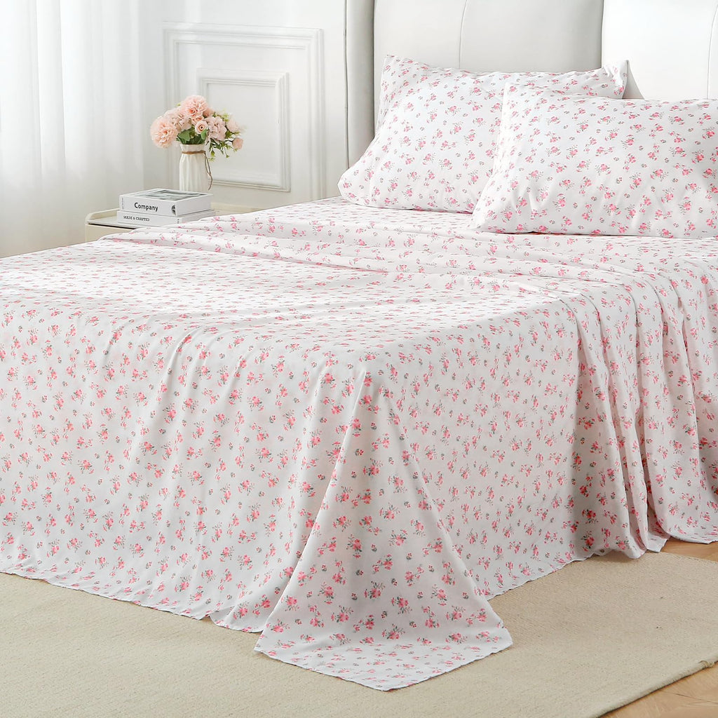 MUXHOMO Queen Size 4 Piece Sheet Set, Soft Breathable Bed Sheet Set for Bedroom with Deep Pocket Up to 16", Wrinkle-Free & Cooling Bedding for Oeko-TEX Certified - Blossoms Pink