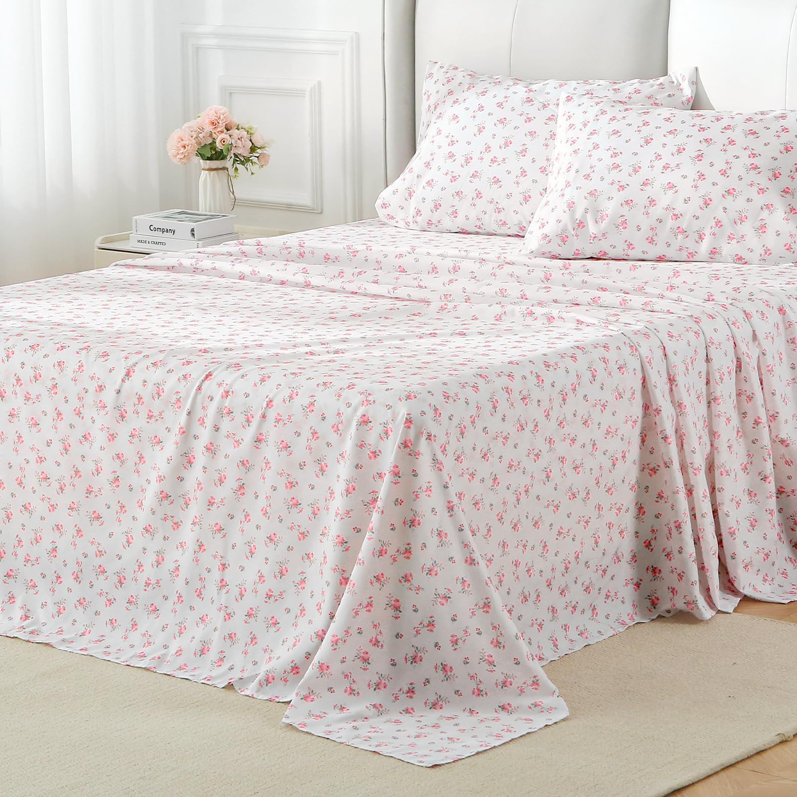 MUXHOMO Queen Size 4 Piece Sheet Set, Soft Breathable Bed Sheet Set for Bedroom with Deep Pocket Up to 16", Wrinkle-Free & Cooling Bedding for Oeko-TEX Certified - Blossoms Pink