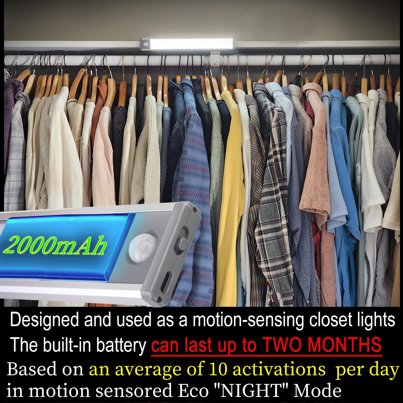Ultra-Bright 70LED Motion Closet Lights 2000mAh Rechargeable Large Battery Powered Long Lasting Wardrobe Lighting. Cordless Sensor Lamp for Kitchen Under Cabinet, Counter, Pantry. 6000k Cool White