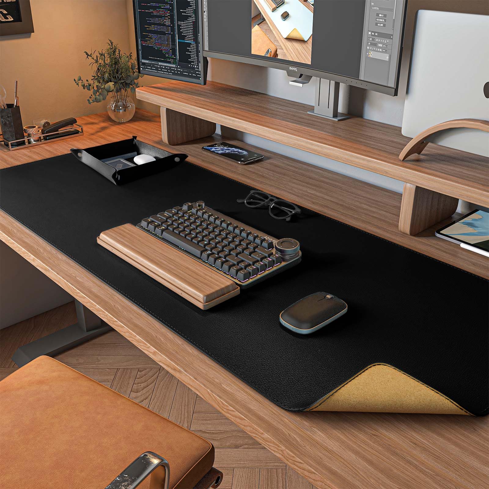 DAWNTREES Dual Sided Desk Mat,40"x16",PU Leather & Cork Desk Pad Protector,Large Mouse Pad and Keyboard Mat,Desk Writing Pad for Office and Home,with Valet Tray Organizer