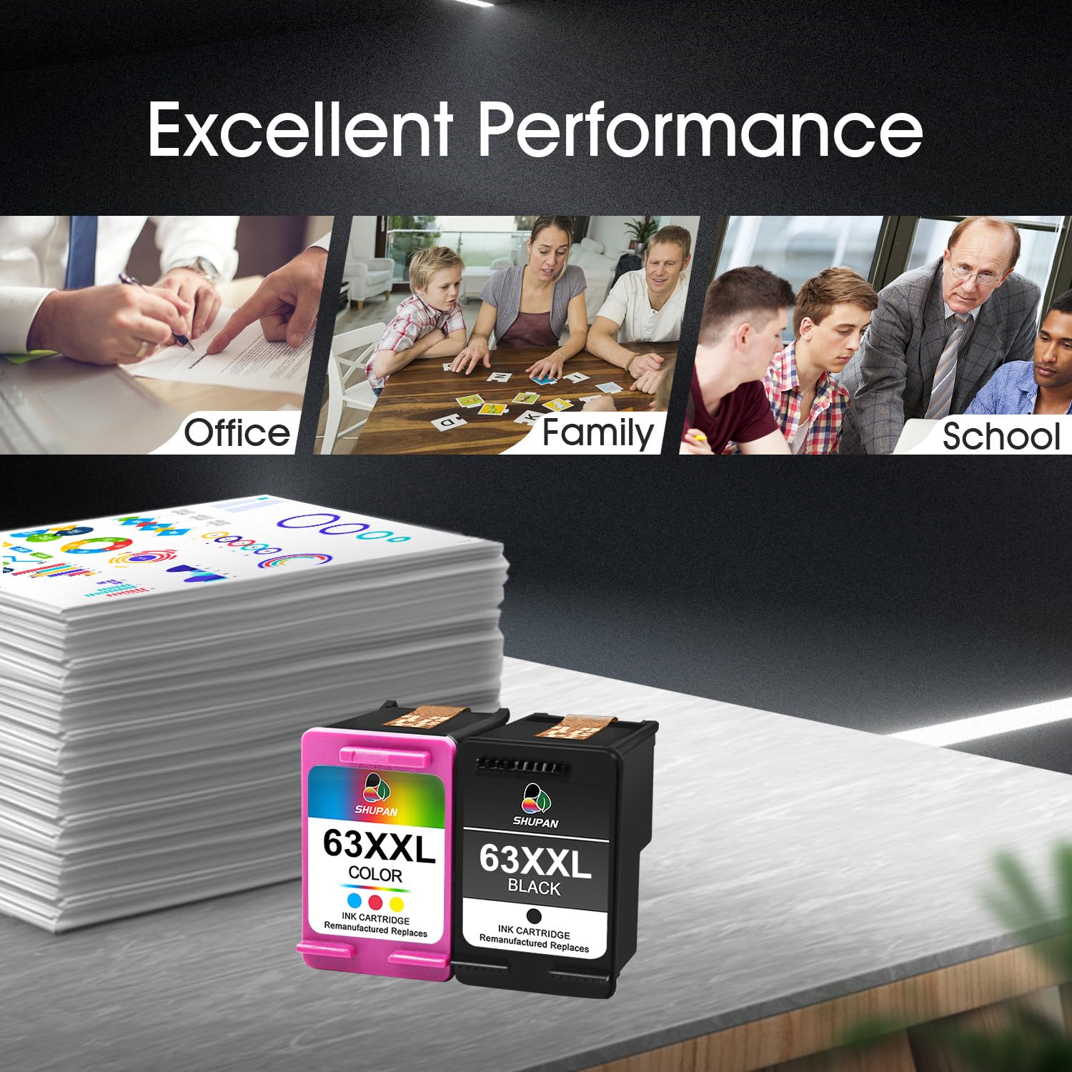 XXL 63 Ink Cartridge Combo Pack Remanufactured for HP 63XXL 63XL Ink Work for Officejet 3830 4650 5255 5258 5200 4652 4655 Envy 4520 4512 DeskJet 2130 2132 Printer (1 Black，1 Tri-Color)