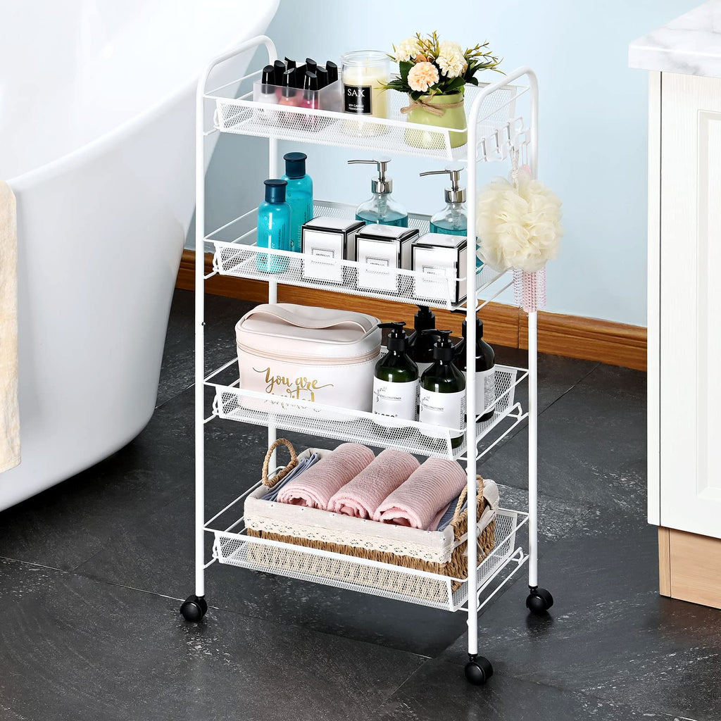 TOOLF 4-Tier Rolling Cart, Metal Utility Cart with 3 Hooks, Easy Assemble Mobile Storage Trolley On Wheels, Slide Out Shelving Units Kitchen Bathroom Laundry Room