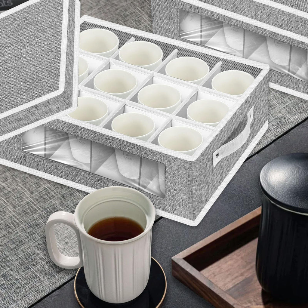 2 Pack Cup and Coffee Mug Storage Box Organizer with Dividers, China Storage Containers Hard Shell with 24 Compartments for Mugs Moving and Protection (Grey)