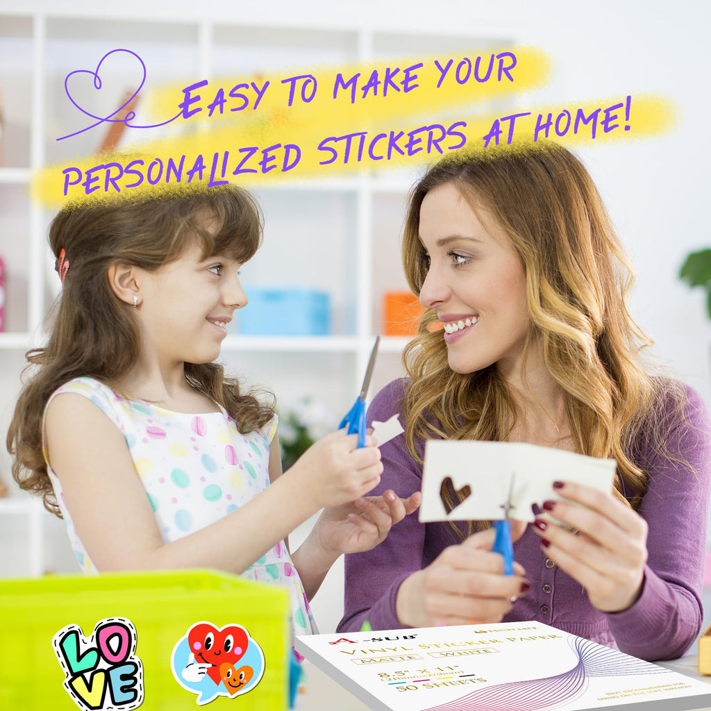 A-SUB Premium Printable Vinyl Sticker Paper for Inkjet Printers, 50 Sheets Matte White Waterproof Sticker Paper 8.5x11 Inch for Making Your Own Stickers at Home