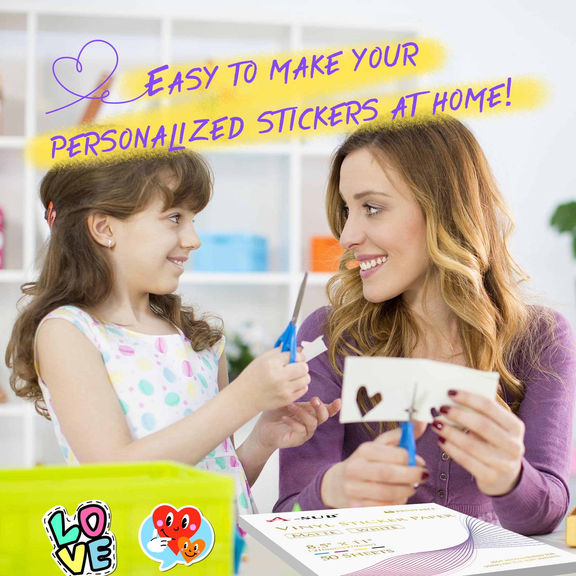 A-SUB Premium Printable Vinyl Sticker Paper for Inkjet Printers, 50 Sheets Matte White Waterproof Sticker Paper 8.5x11 Inch for Making Your Own Stickers at Home