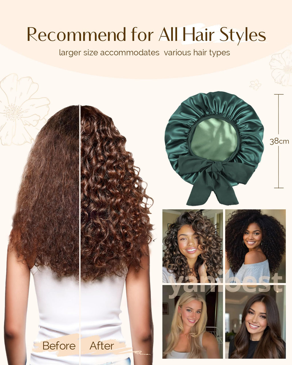 YANIBEST Silk Satin Bonnet for Sleeping Double Layer Hair Bonnet with Elastic Tie Band for Curly Natural Hair