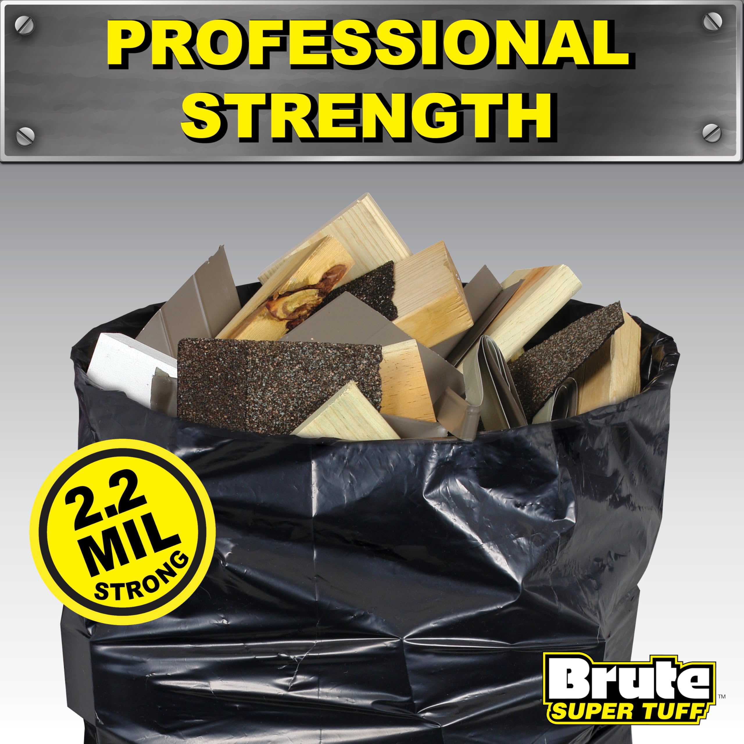Brute Super Tuff Heavy Duty Contractor Bags, Large Trash Bags, Twist Tie Closure, Black, 55 Gallon, 15 Count