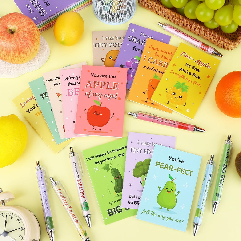 24 Sets Employee Appreciation Gifts Bulk Inspirational Mini Notebook with Pens Cute Fruit Vegetable Pun Design Motivational Pocket Notepads Positive Gifts for Coworker Staff Volunteer Teacher Student