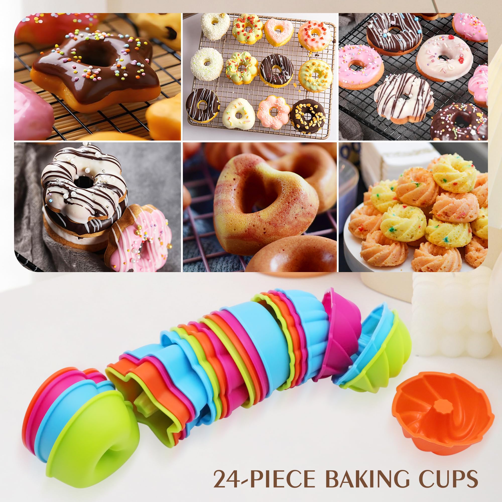 To encounter 24Pack Silicone Molds, Nonstick 2 3/4 inches Silicone Donut Mold, Silicone Baking Cups, Silicone Donut Pan, Muffin, Jello, Bagel Pan, Oven- Microwave- Dishwasher Safe