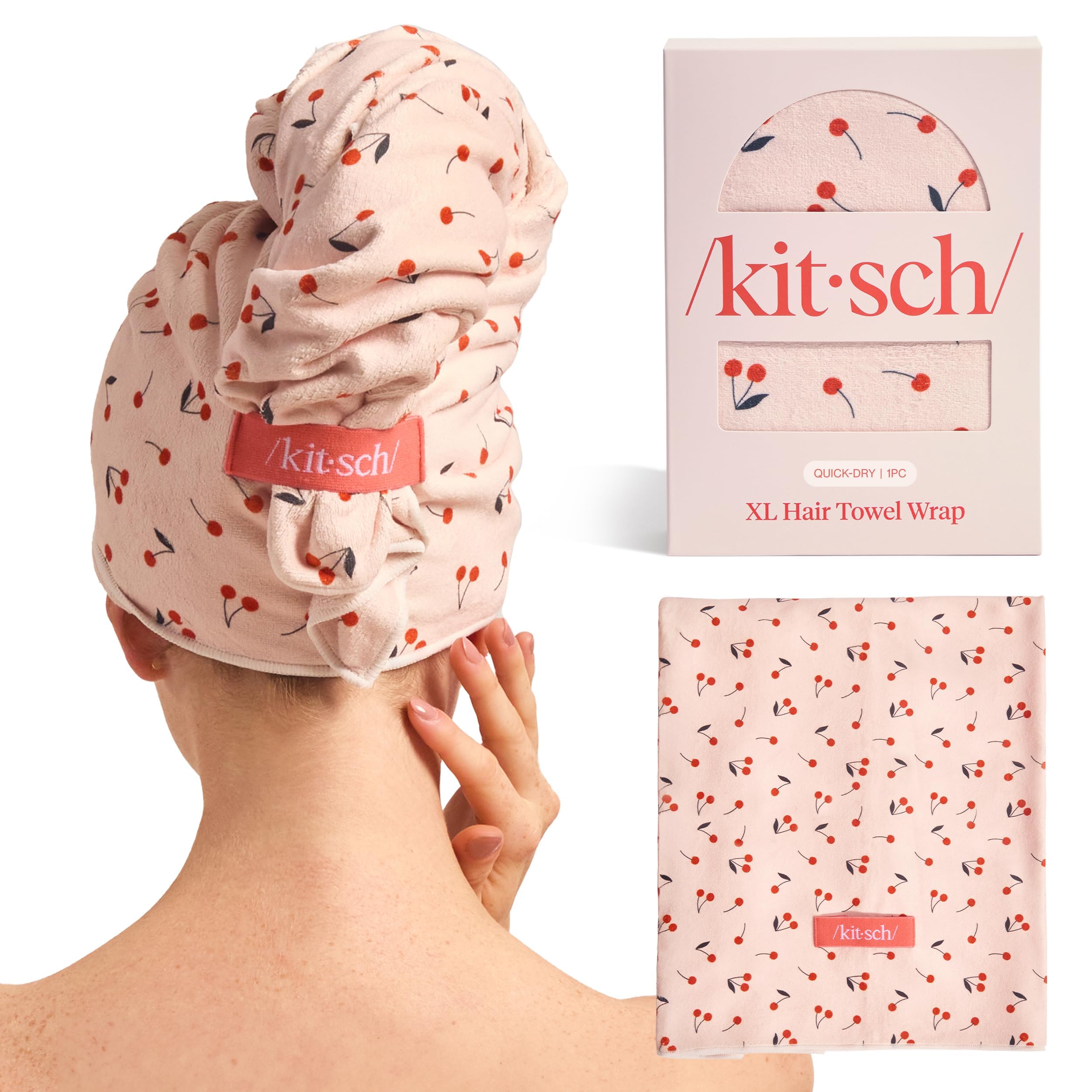 Kitsch XL Microfiber Hair Towel Wrap for Women - Microfiber Towel, Super Absorbent, Quick Dry, Anti-Frizz - for Long and Short Hairs, Turbans for Women, Wet and Curly Hair Wrap - Cherry Print