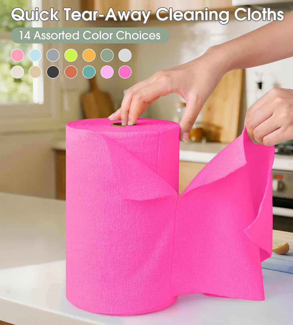 KitchLife Microfiber Cleaning Cloth Roll -100 Pieces, Tear Away Towels, Reusable, Washable, Lint Free, Ultra Absorbent Dishcloths Rags for Home, Kitchen, Car, Garage or Workshop (Hot Pink)