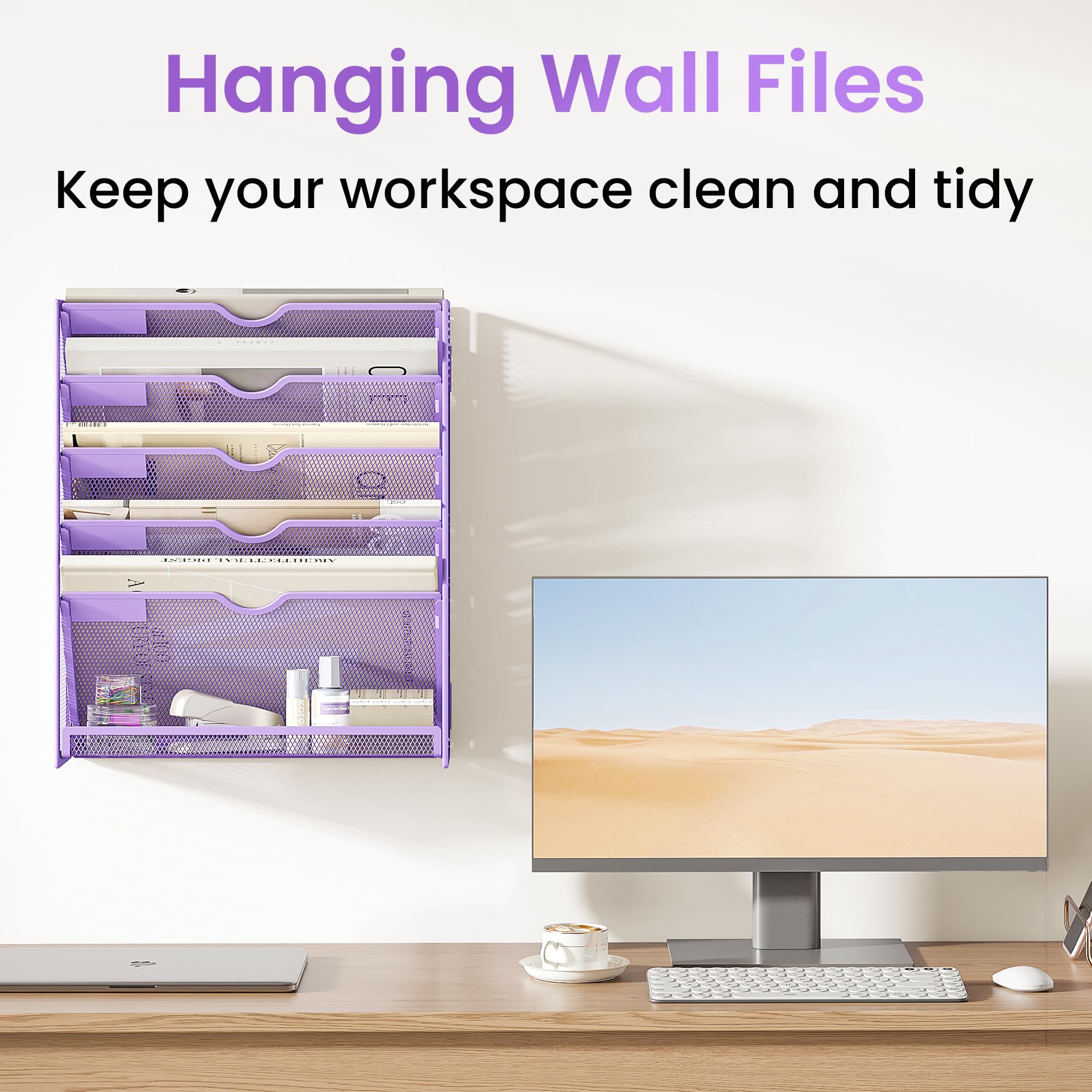 SUBEKYU File Organiser, 6-Tier A4 Wall Mounted Magazine File Holder for Mails Folders Papers, Vertical Document Organiser for Office Home - Purple