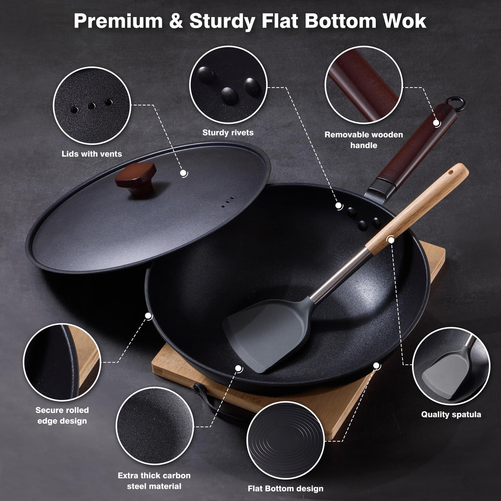 Teewe Carbon Steel Wok -13 Inch Woks & Stir-Fry Pans Nonstick, Wok Pan with Lid Spatula and Dish Brush: Pre-Seasoned Flat Bottom Chinese Wok for Induction, Electric, Gas, All Stoves