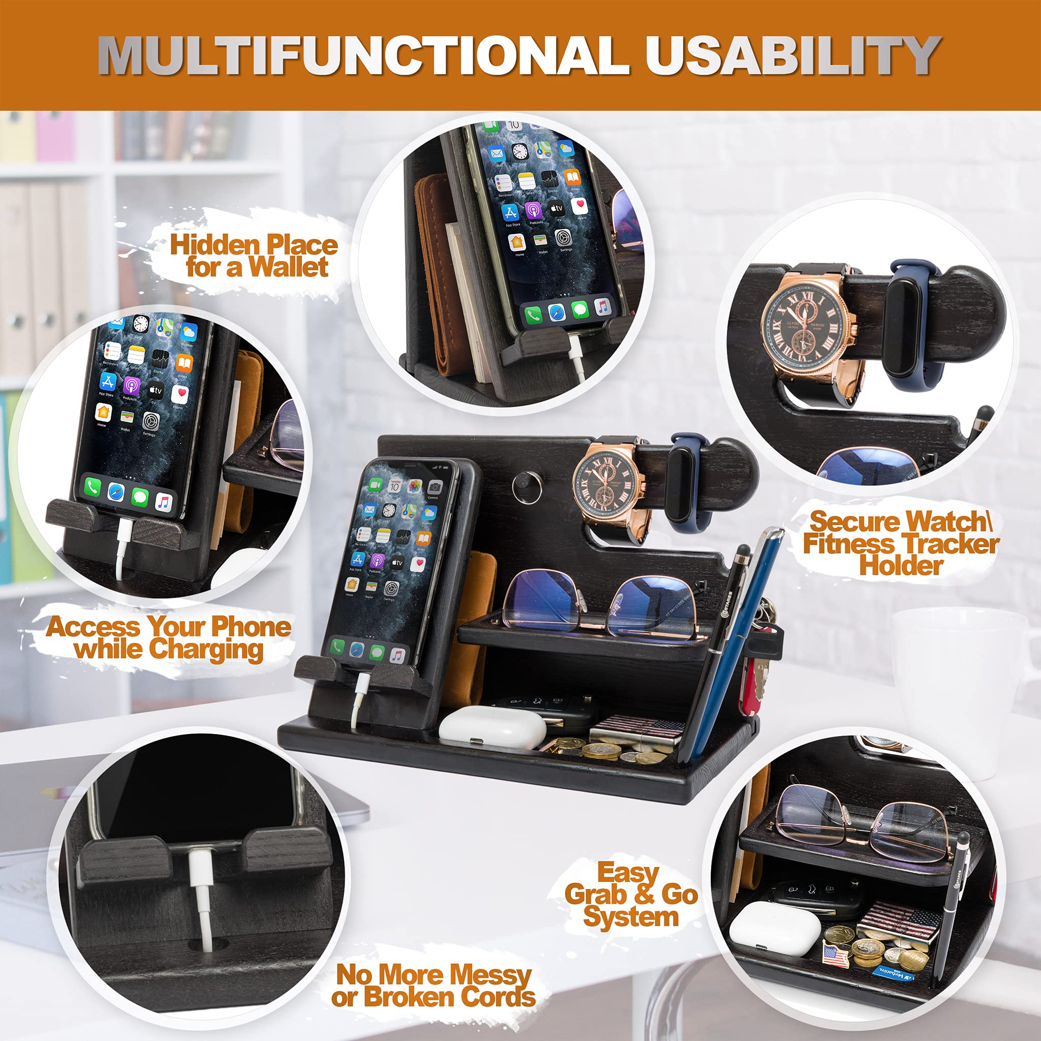 TESLYAR Wood Phone Docking Station - Gifts for Men - Desk or Nightstand Organizer - Birthday Gift for Husband, Dad - Anniversary Idea from Wife - Key Holder, Stand Wallet & Essentials (Granite Black)