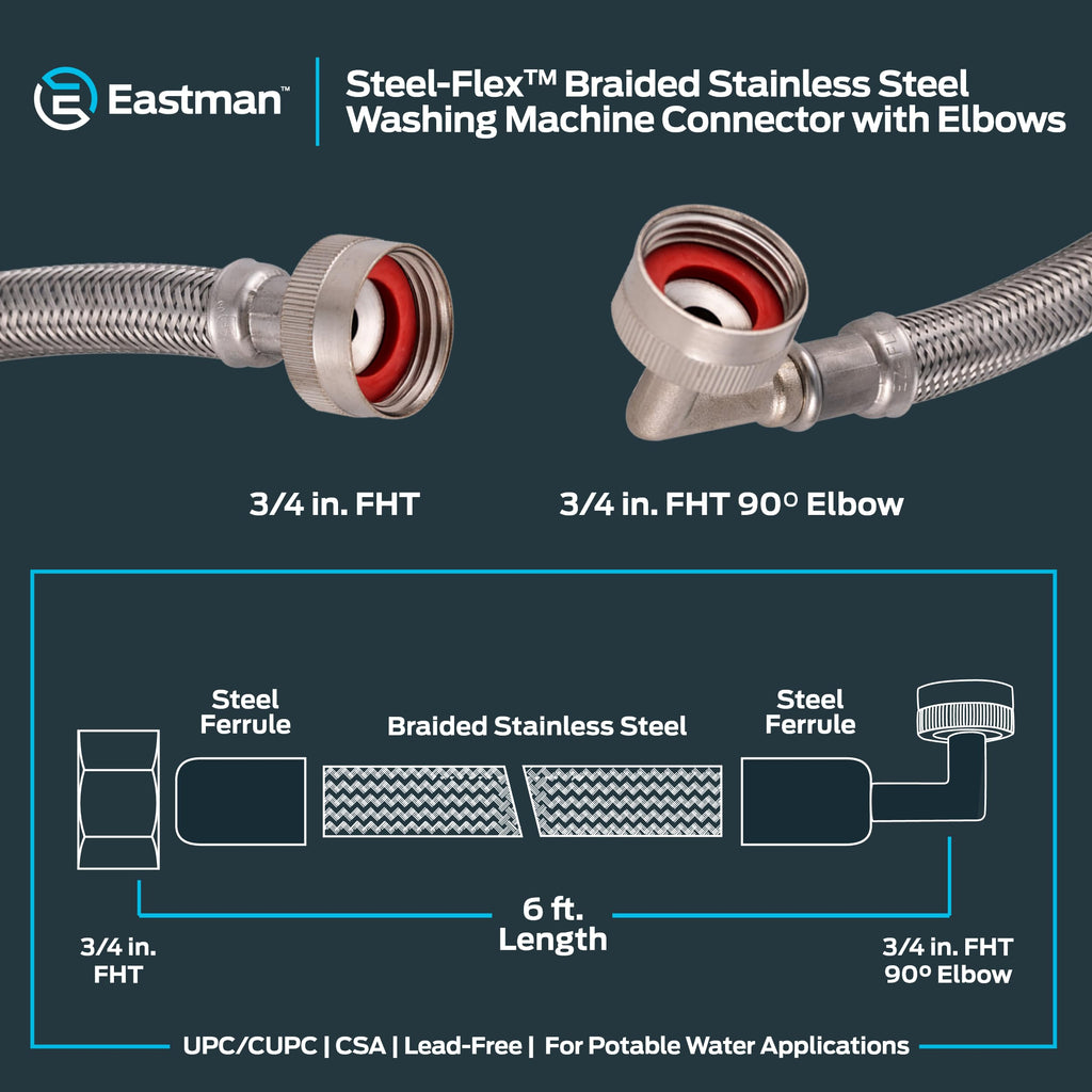 Eastman 41066 Stainless Steel Washing Machine Hose with 90 Degree Elbow, 3/4" X 3/4", 1 Pair
