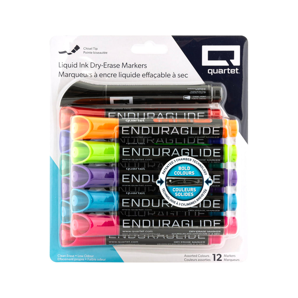 Quartet EnduraGlide Dry-Erase Markers, Chisel Tip, Bold Colour, Assorted Colours, 12-pack (6447459961)