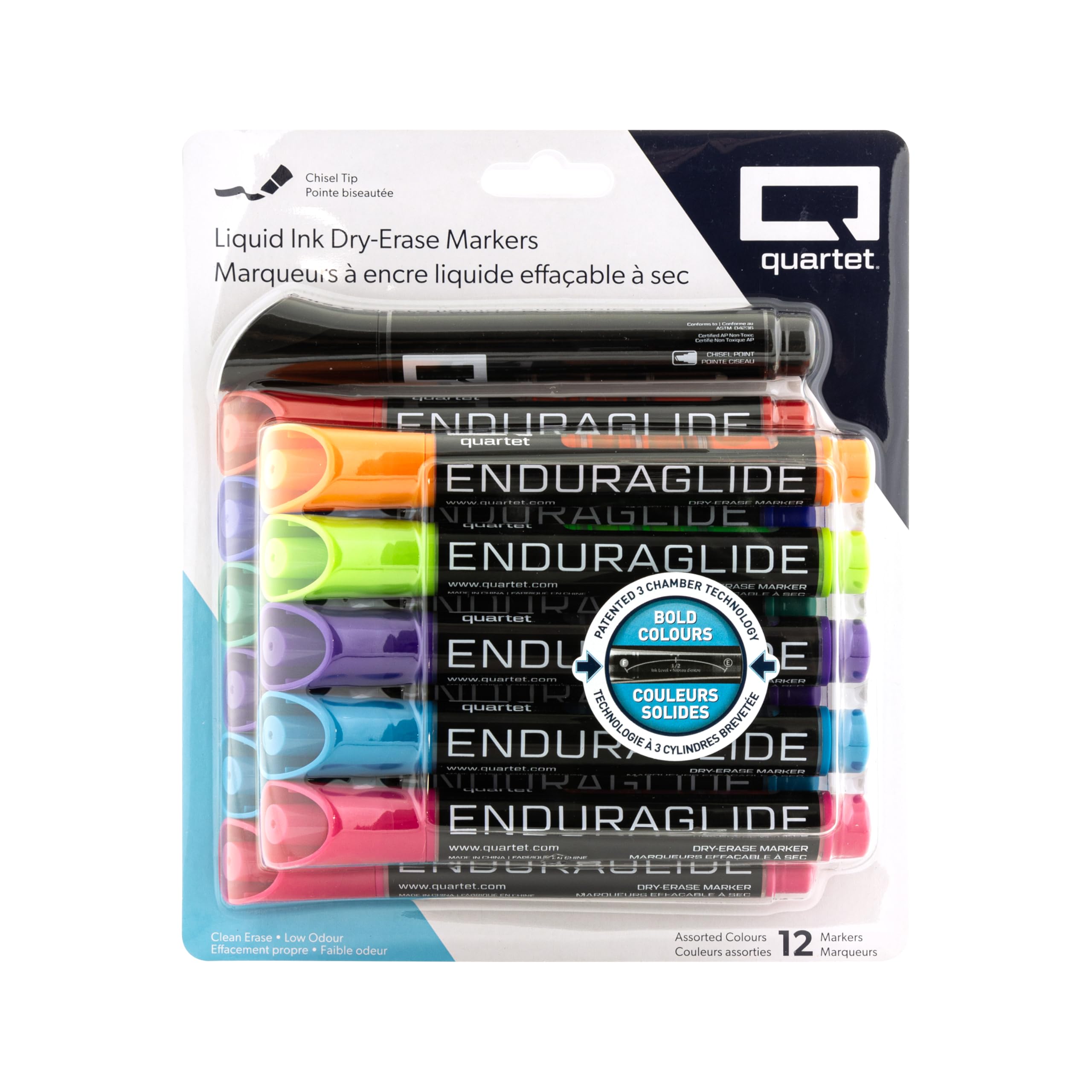 Quartet EnduraGlide Dry-Erase Markers, Chisel Tip, Bold Colour, Assorted Colours, 12-pack (6447459961)