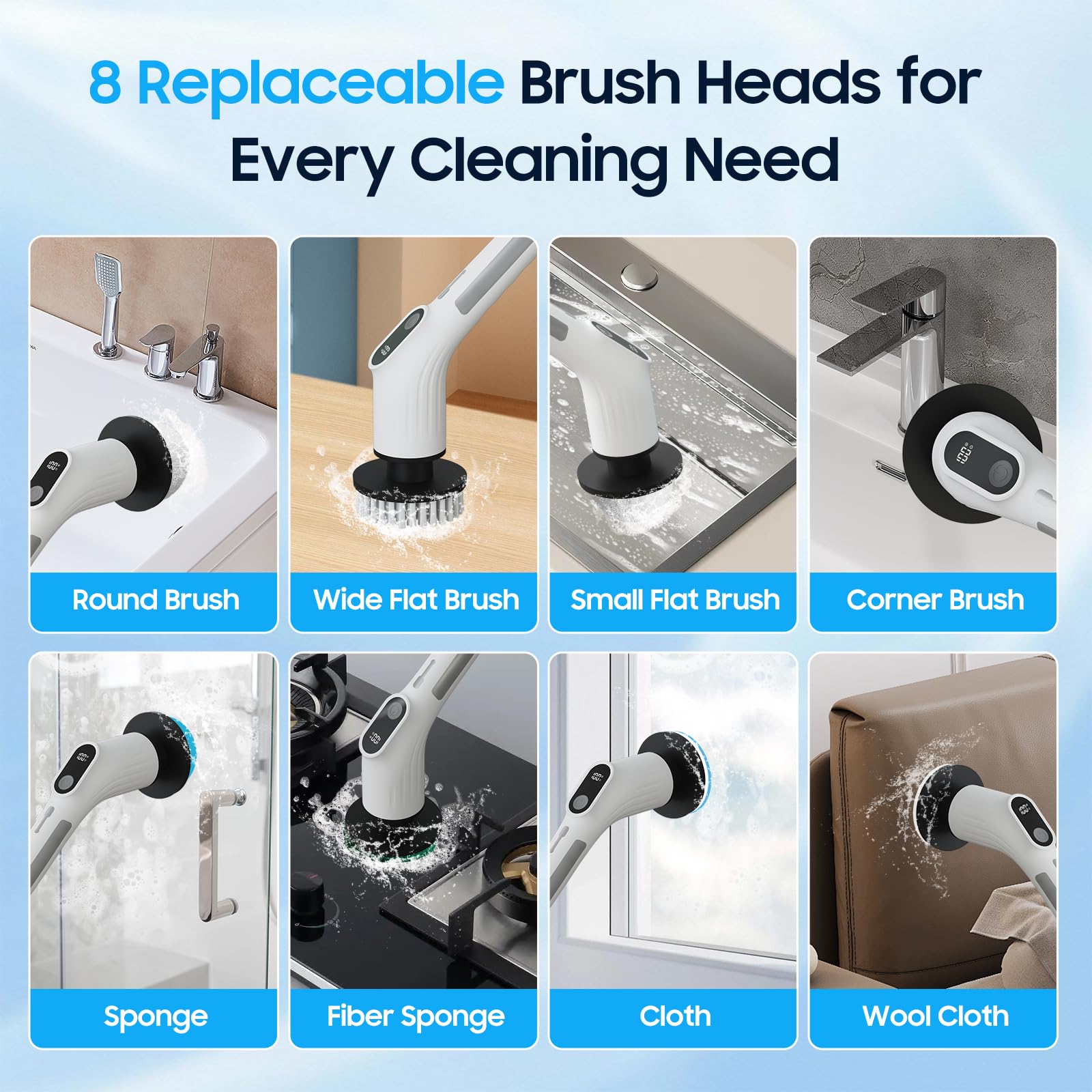 Depcler Electric Spin Scrubber with 4000mAh Battery, 380-500 RPM, 8 Replaceable Brush Heads, Adjustable Handle for Bathroom, Kitchen & Floor Cleaning