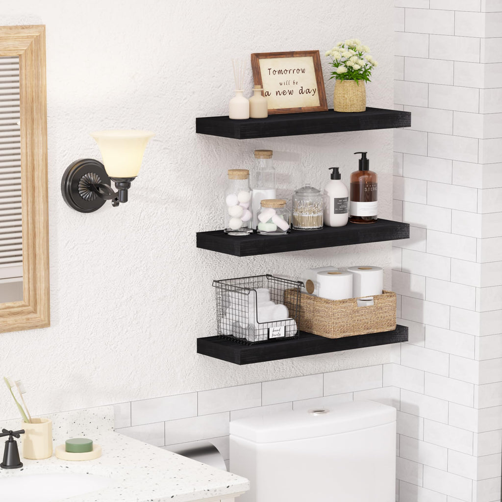 upsimples 16.5" L Black Wooden Floating Shelves with Invisible Brackets, Wall Mounted Modern Wood Shelves Set of 3, for Bathroom Bedroom