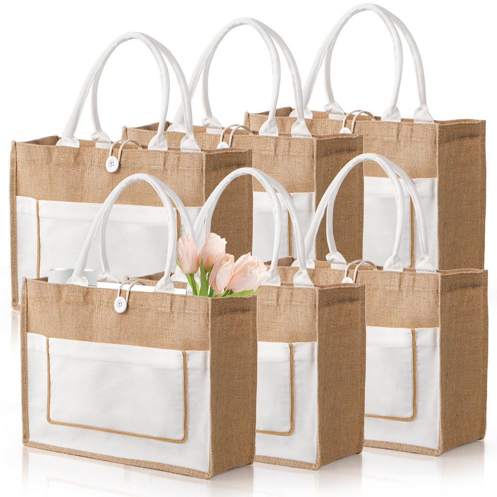 ZOOFOX 6 Pack Jute Tote Bags, 16.5"x 13"x 7" Large Burlap Tote Bag with Handles, Beach Bag for Women, Grocery Bridesmaid Bag Weaving Tote Bags for Beach, Wedding, Shopping, Travel