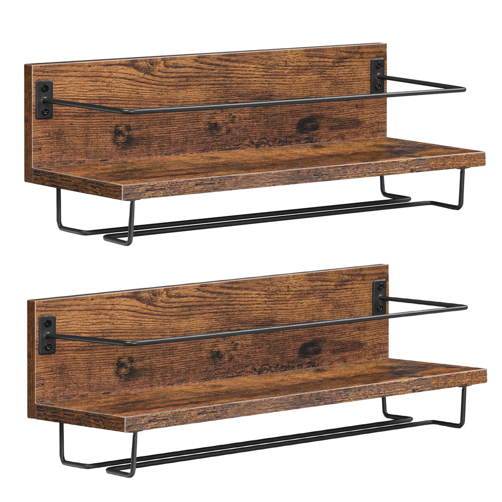 HOOBRO Wine Rack Wall Mounted 2 Pack, Wine Shelf Hanging Floating Wall Shelves, Wine Glass Bottle Rack Stemware Holder, for Living Room, Dining Room, Kitchen, Rustic Brown and Black BF28BJ01