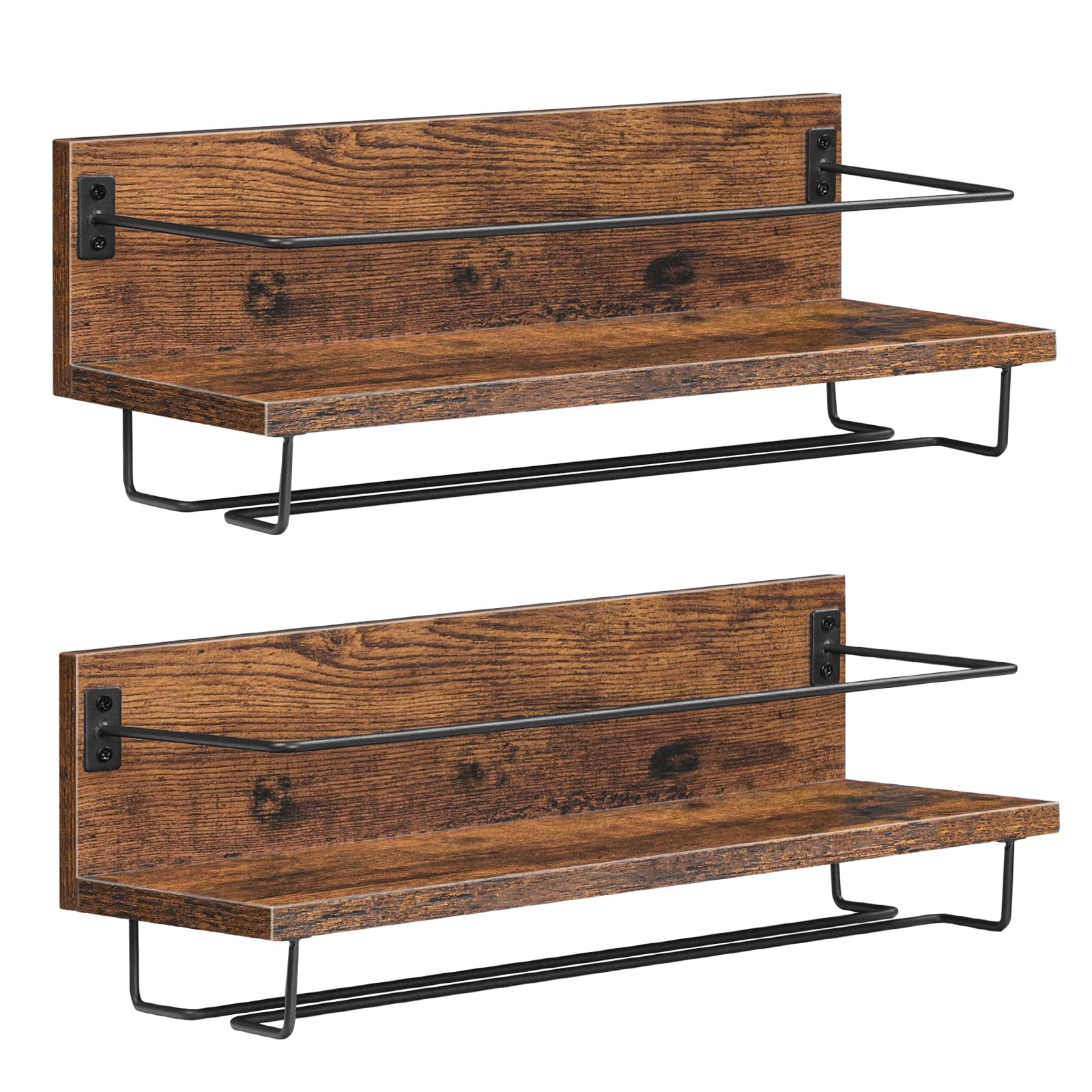 HOOBRO Wine Rack Wall Mounted 2 Pack, Wine Shelf Hanging Floating Wall Shelves, Wine Glass Bottle Rack Stemware Holder, for Living Room, Dining Room, Kitchen, Rustic Brown and Black BF28BJ01
