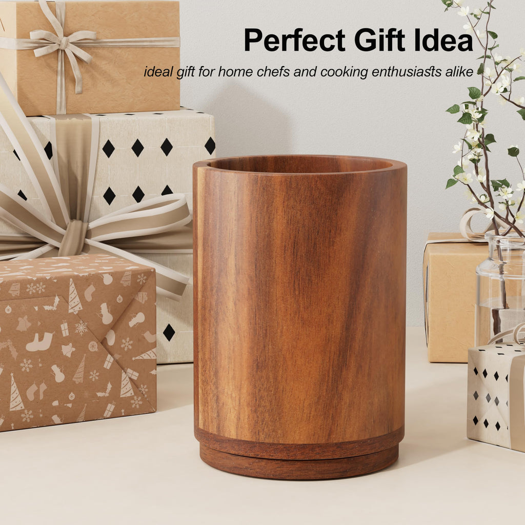 ZUJJAFY Utensil Holder, 360° Rotating Acacia Wood Kitchen Utensil Holder for Counter, 7.2" Large Cooking Utensil Crock for Countertop, Wooden Utensils Organizer for Cooking Spatula Storage