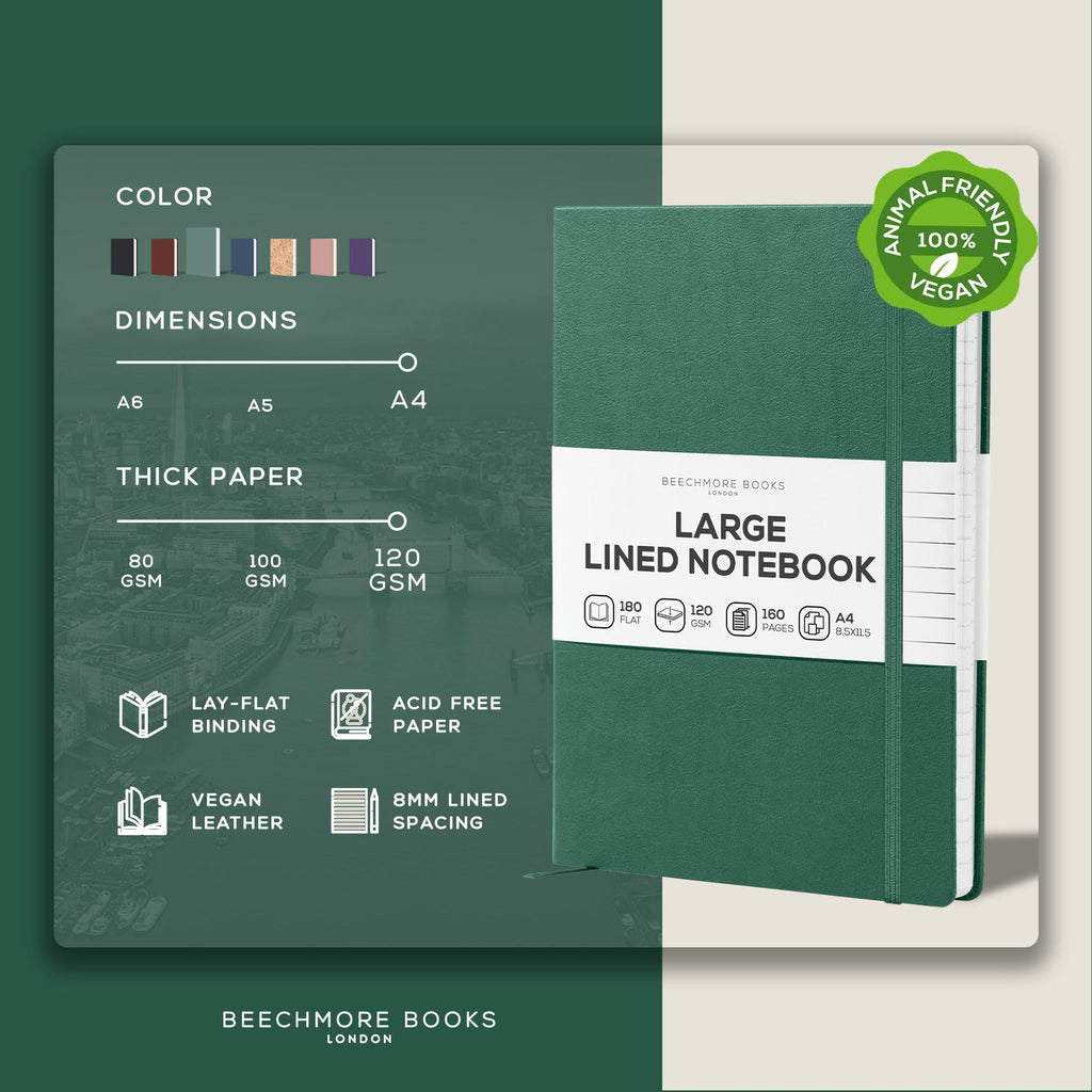 BEECHMORE BOOKS Ruled Journal Notebook, A4 8.5" x 11.5" 160 Lined Pages, Hardcover Leather Journals for Women, Men, Writing and Notebooks for Work - 120 GSM Thick Paper, Gifts Box Included