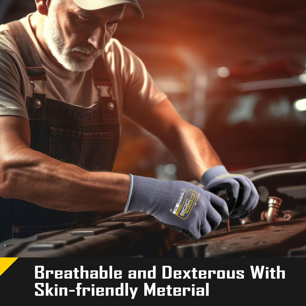 COOLJOB 3 Pairs Nitrile Rubber Coated Nylon Safety Work Gloves for Men, Dotted for Non-Slip Grip, Lightweight Breathable Seamless Knit, for Mechanics, Warehouse, Gardening, Grey, Medium