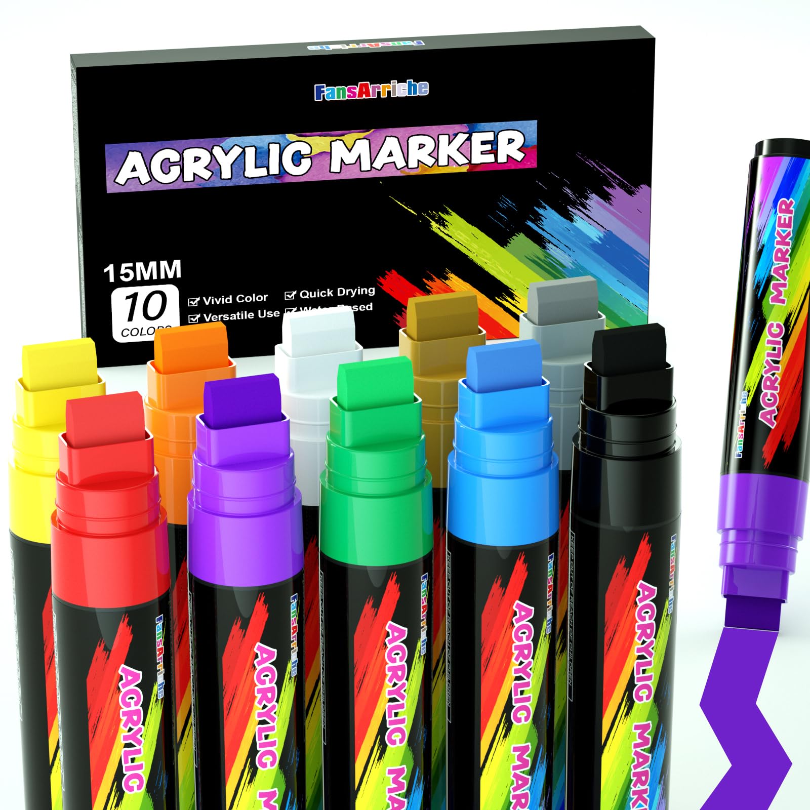FansArriche Acrylic Paint Markers, 15mm Jumbo Felt Tip, 10 Colored Waterproof and Permanent Paint Pens for Tagging, Signs, Calligraphy, and Outdoor Paintings