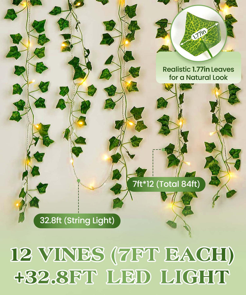 KASZOO 84Ft 12 Pack Artificial Ivy Garland Fake Plants, Vine Hanging Garland with 80 LED String Light, Hanging for Home Bedroom Garden Party Wedding Wall Room Decor, Green