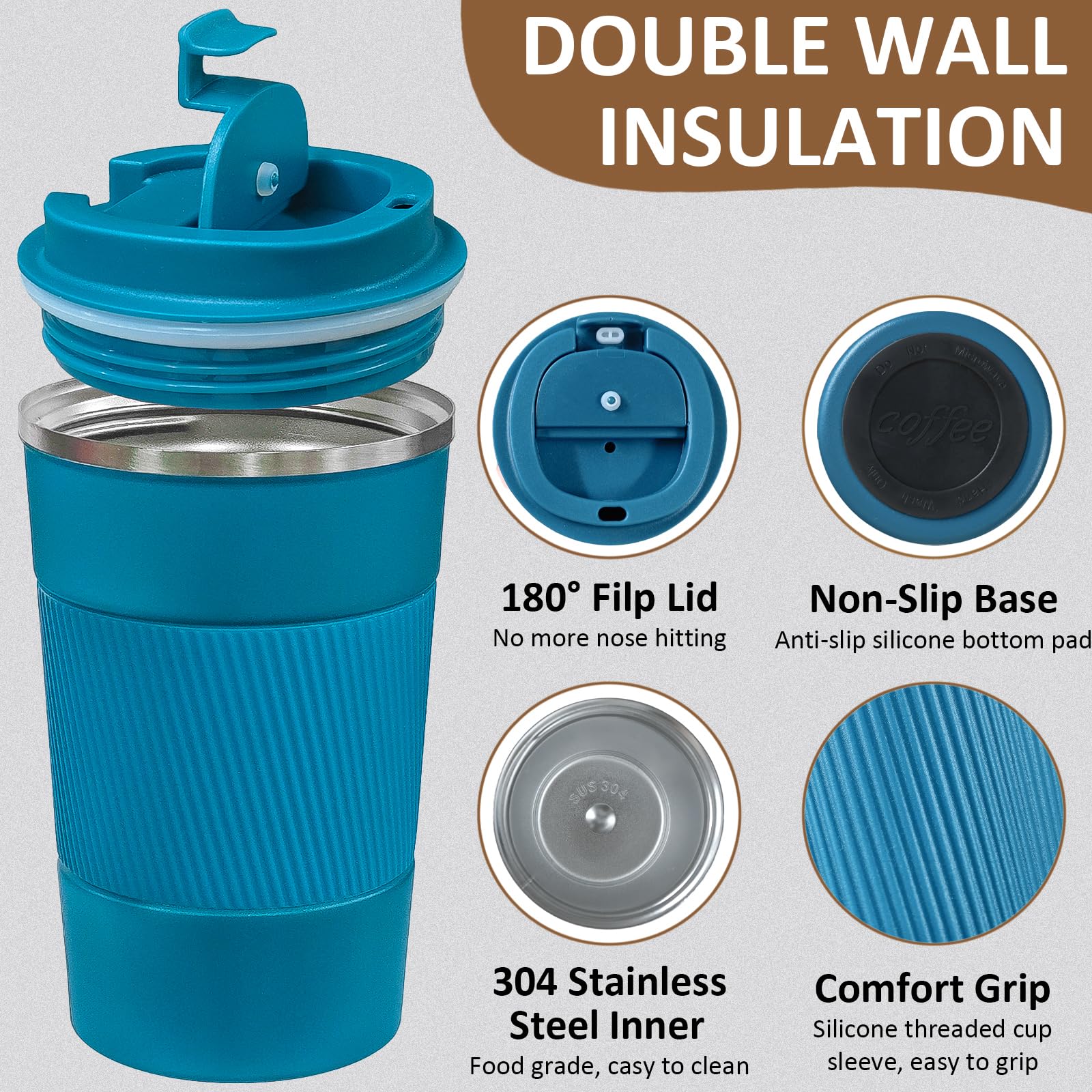 ATZNZIK 4 Pack Insulated Coffee Mug with Lid 12oz Travel Coffee Tumbler Stainless Steel Reusable Coffee Cups Thermal Coffee Mug for Hot and Iced Cold Drinks, Multicolor