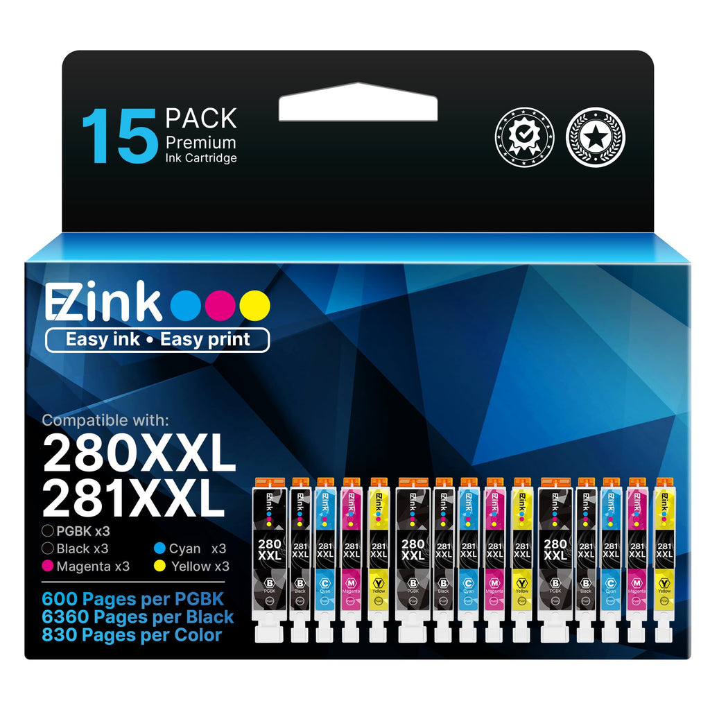 15 Pack E-Z Ink for Canon Printer Ink 280 281 Cartridge 280XL Replacement for Canon 281 XXL PGI-280XXL CLI-281XXL with PIXMA TR7520 TR8520 TS6120 TS6220 TS6320 TS8120 TS8220 TS9120 TS9520 Printer