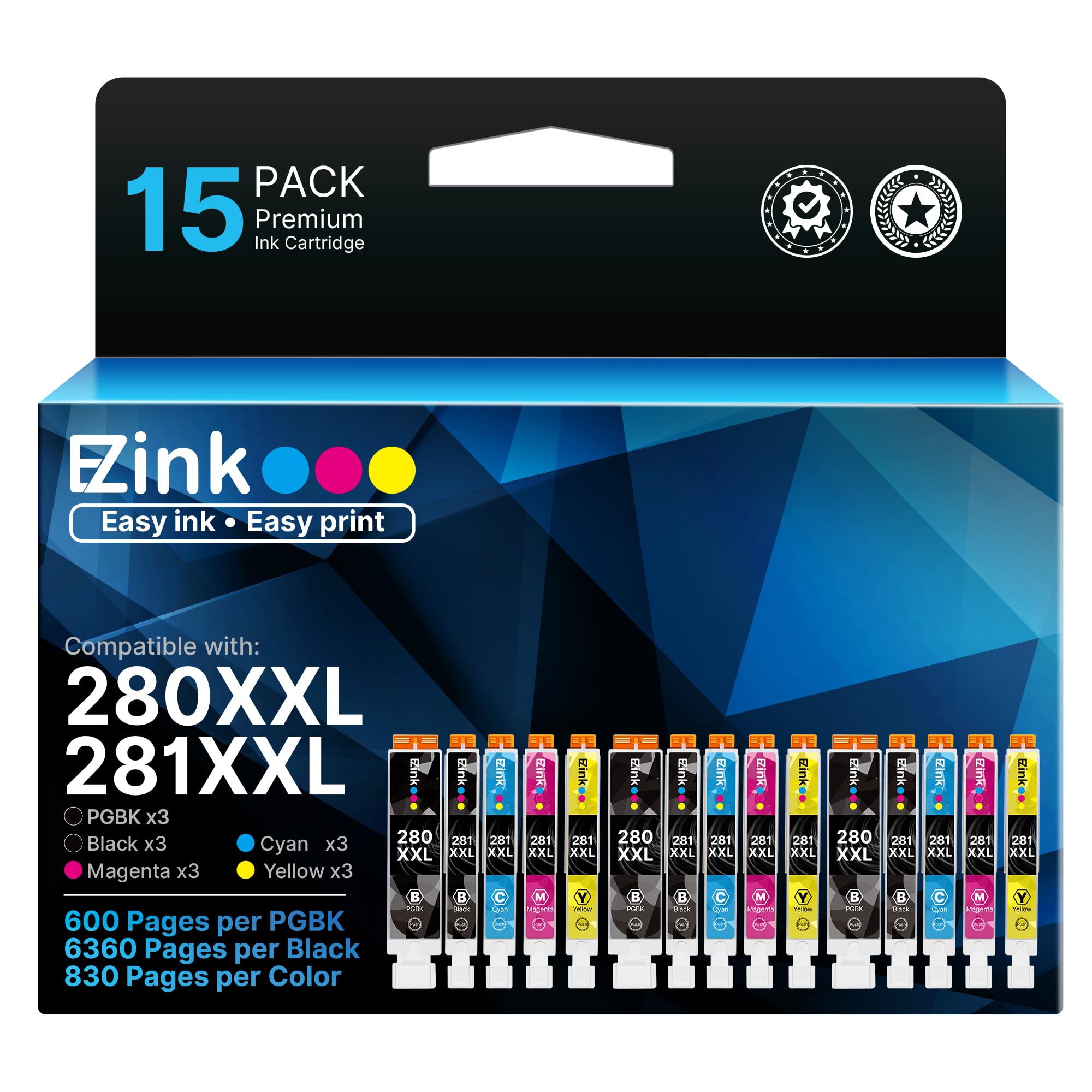 15 Pack E-Z Ink for Canon Printer Ink 280 281 Cartridge 280XL Replacement for Canon 281 XXL PGI-280XXL CLI-281XXL with PIXMA TR7520 TR8520 TS6120 TS6220 TS6320 TS8120 TS8220 TS9120 TS9520 Printer
