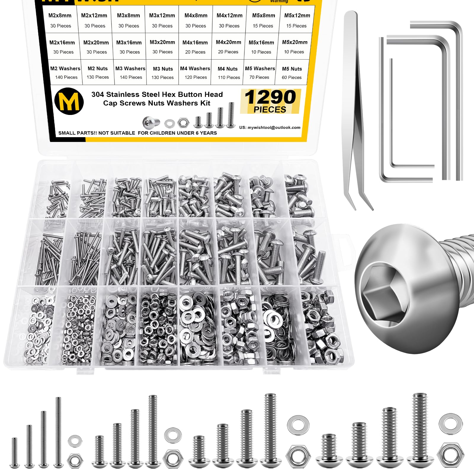 Mywish 1290 Pieces M2 M3 M4 M5 Screw Nuts and Bolts Assortment Kit, Metric Screws 304 Stainless Steel Button Head Socket Cap Metric Screw Assortment with Flat Washers/Nuts/Hex Wrenches 16 Sizes