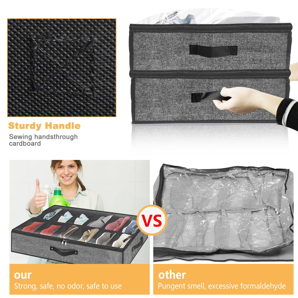 Under Bed Shoe Storage Organizer for Closet Fits 24 Pairs-Sturdy Underbed Shoe Containers Box Bedding Storage Organizador De Zapatos with Clear Cover,Set of 2, 29.3 x 23.6 x 5.9inch(Linen-like Black)