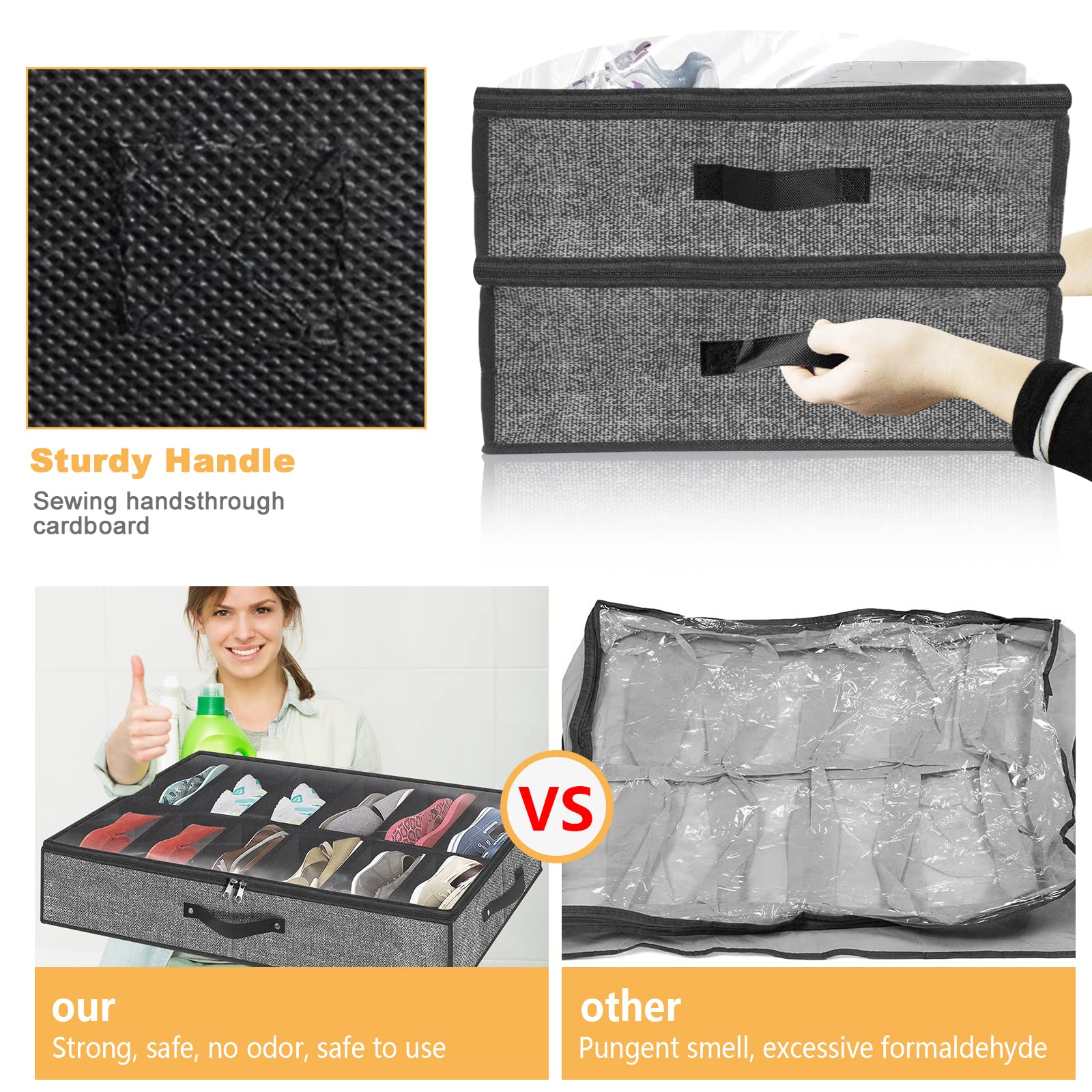 Under Bed Shoe Storage Organizer for Closet Fits 24 Pairs-Sturdy Underbed Shoe Containers Box Bedding Storage Organizador De Zapatos with Clear Cover,Set of 2, 29.3 x 23.6 x 5.9inch(Linen-like Black)