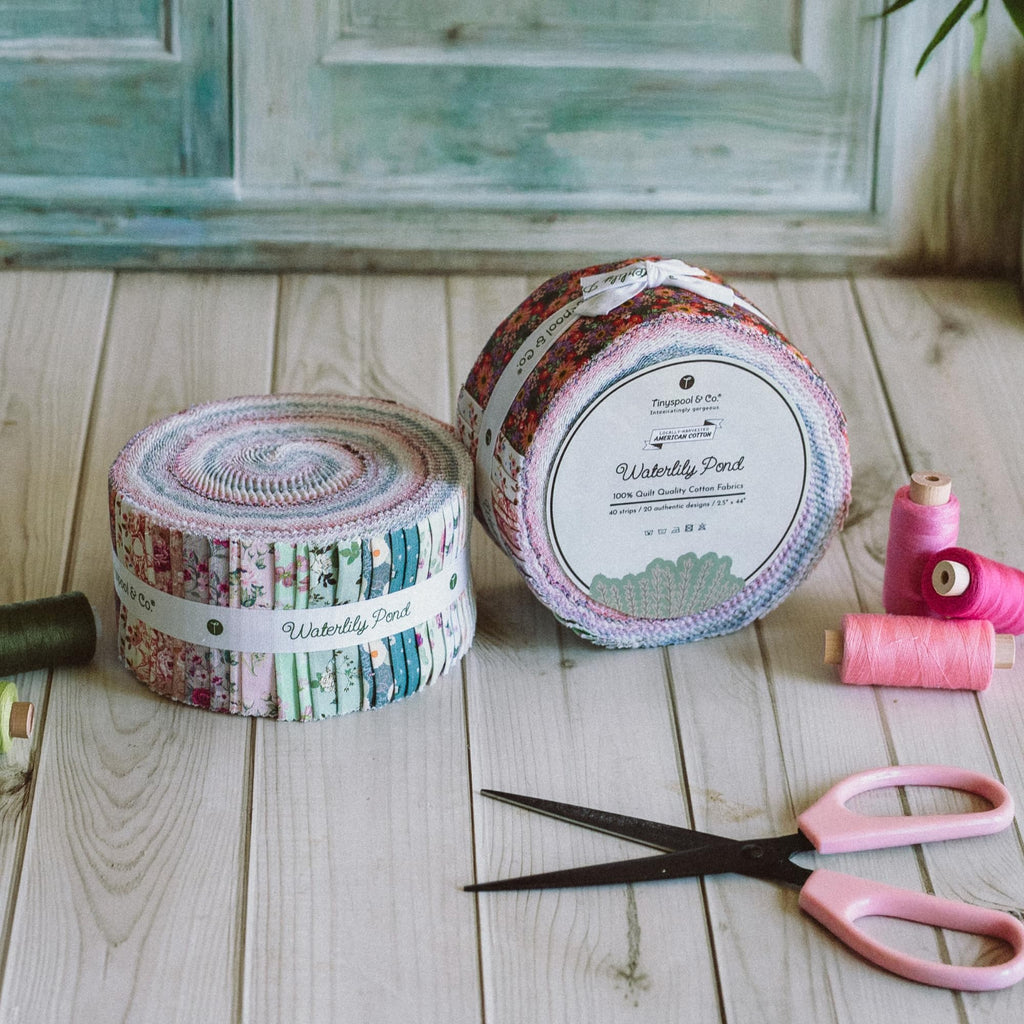 Tinyspool & Co. Jelly Roll Fabric Strips for Quilting, Crafting, and Sewing, 40 Strip Assorted Bundle, Soft Cotton for Blanket, Rug, Upholstery, Home Decor, and Purse Making, Waterlily Pond