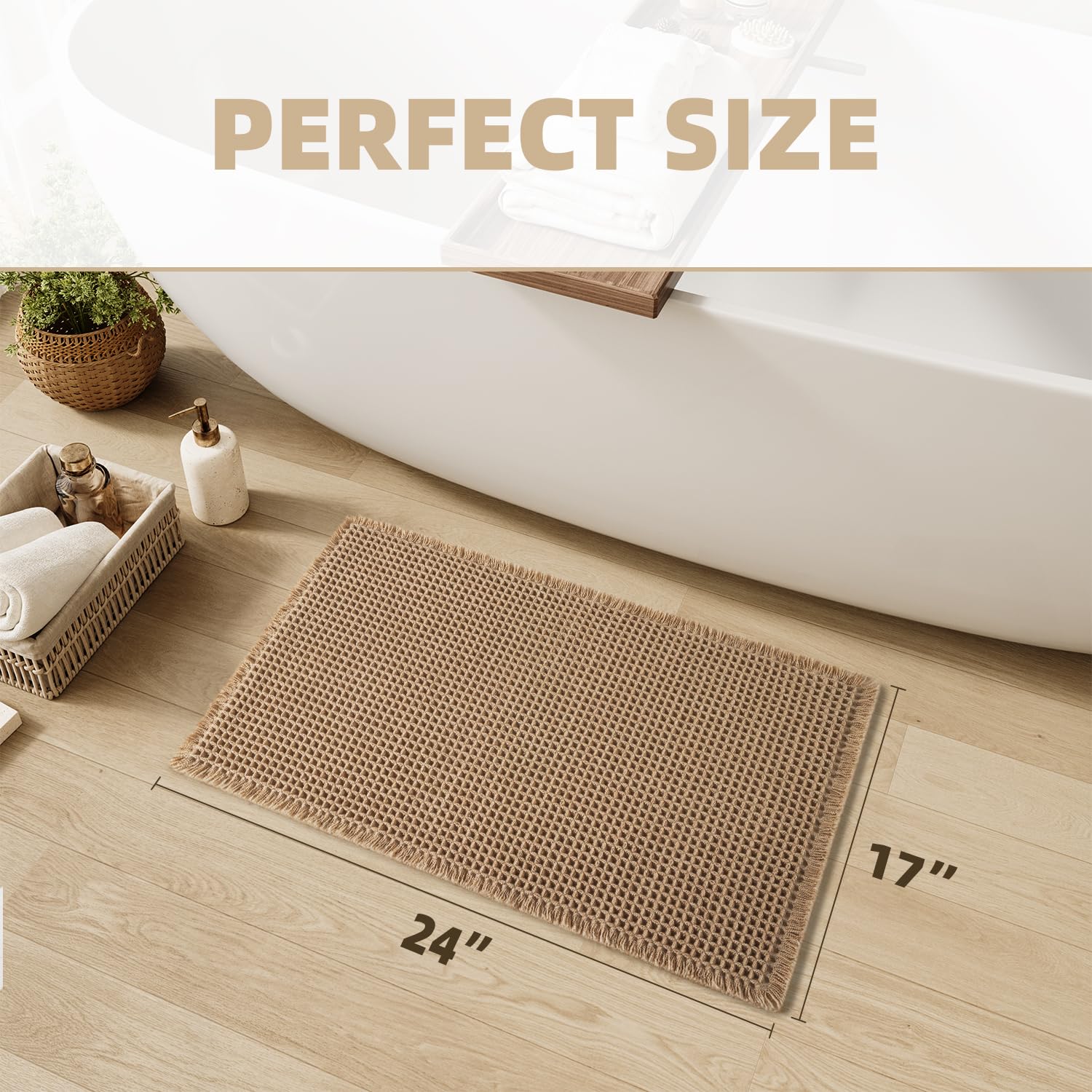 Upgraded Waffle Bath Mat Non Slip Super Absorbent Quick Dry Bath Mats for Bathroom Floor Machine Washable Bathroom Mat Ultra Soft Boho Bathroom Rugs with Tassels Beside Tub, 17" x 24", Brown