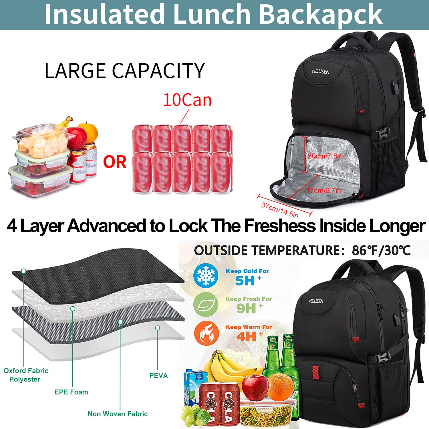 Extra Large Travel Laptop Backpack 50L,Lunch Backpack Business Work Backpack for Men Women with USB Charging Port,Water Resistant TSA Friendly Big 17.3 inch Computer Bag College School Bookbags Black