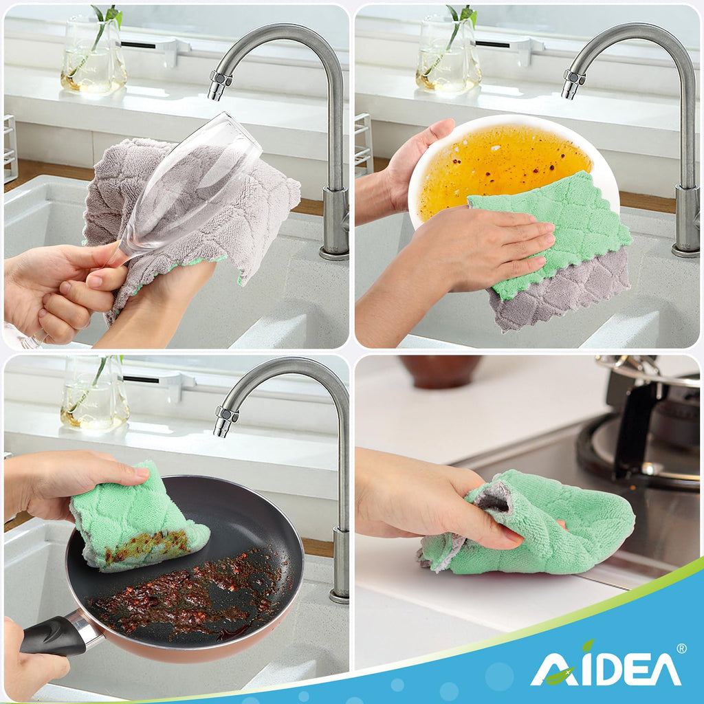 AIDEA Kitchen Towels, 24 Pack Absorbent Coral Fleece Dish Towels, No Odor Reusable Dish Cloths, Microfiber Cleaning Cloths, Fast Drying Dishcloths, 6.3" x10.4"