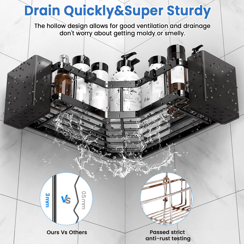 PKBD Corner Shower Caddy 3 Pack, Shower Shelves No Drilling, Rustproof Stainless Steel Bathroom Organizers with Soap Holder, Hooks & Toothpaste Holders, Black